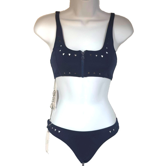 Revolve Gigi C Bikinis Swimsuit Size Small Blue Zip Front Laser Cut Detail New - Picture 1 of 13